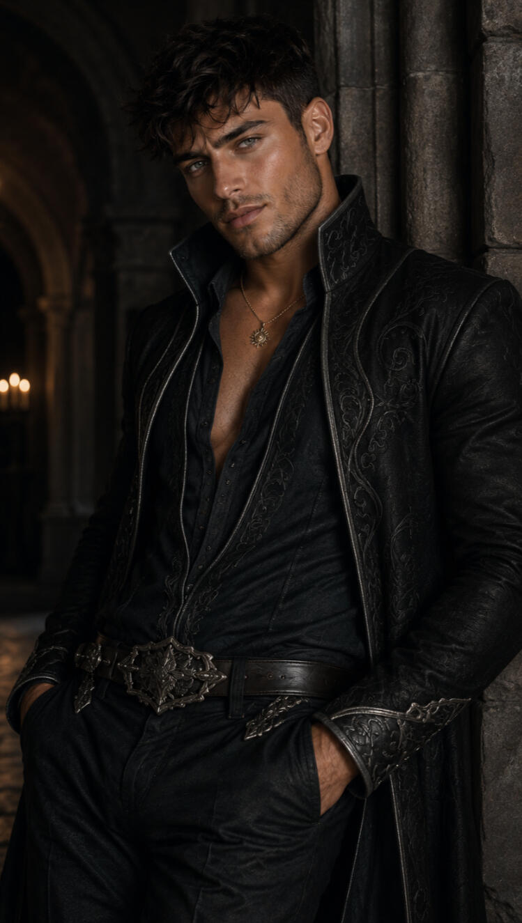 Dom in ACOTAR outfit A handsome young Italian man with tousled black hair and light gray eyes leans casually against a weathered stone wall in a dimly lit Gothic castle corridor. He wears an elegant black, high-collared coat with intricate embroidery over matching dark clothin